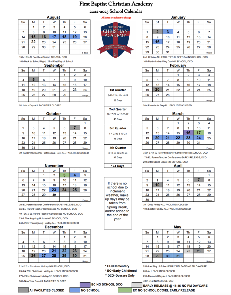 Calendar First Baptist Christian Academy